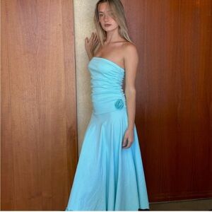 Strapless Aqua Maxi Dress with Rosette Accent